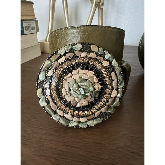 LEATHEROCK Women's Large Pebble Rock Buckle Green Leather Belt Sz L36 Boho - Picture 3 of 11